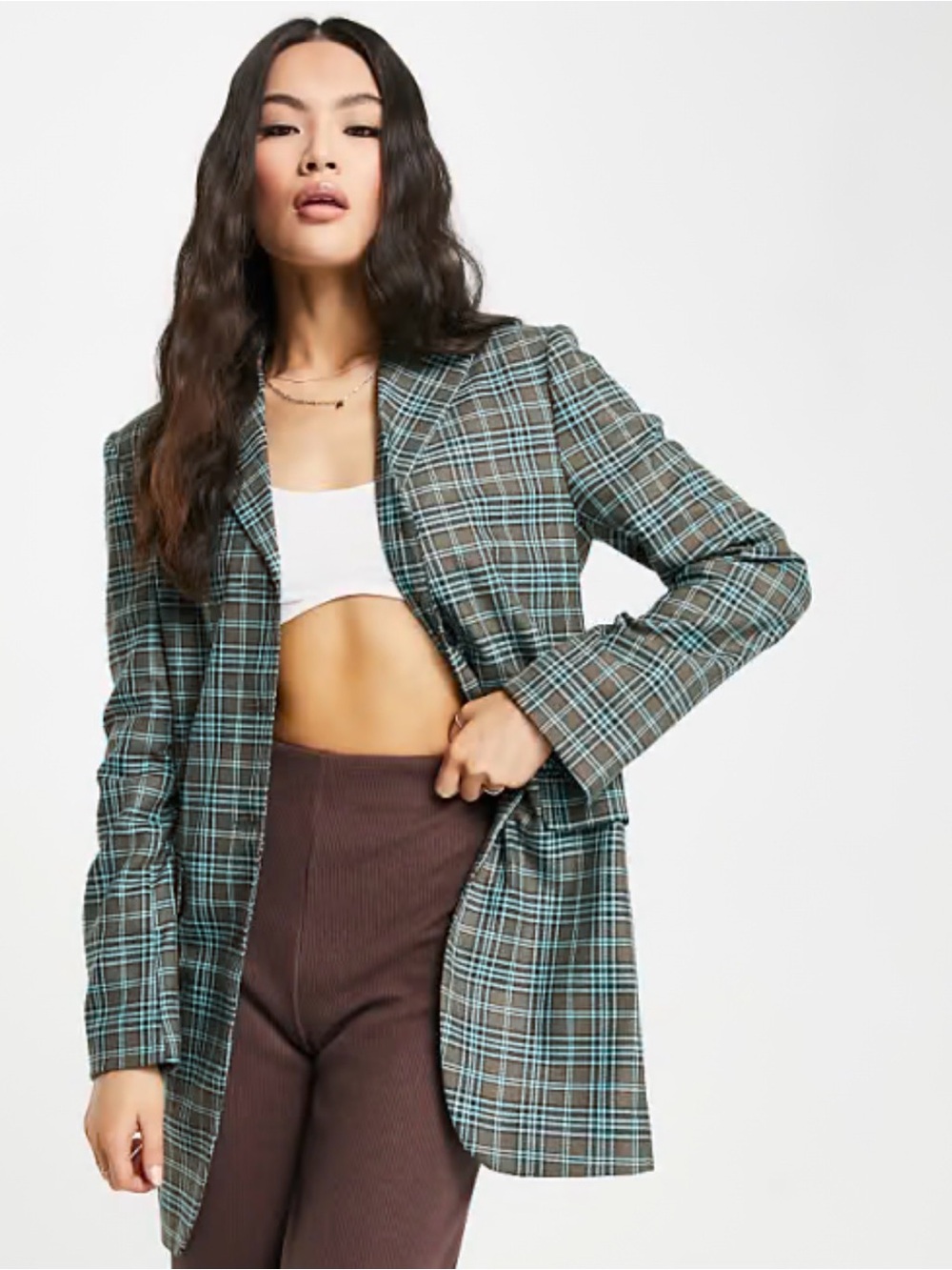 ASOS Teal & Brown Plaid Oversized Blazer